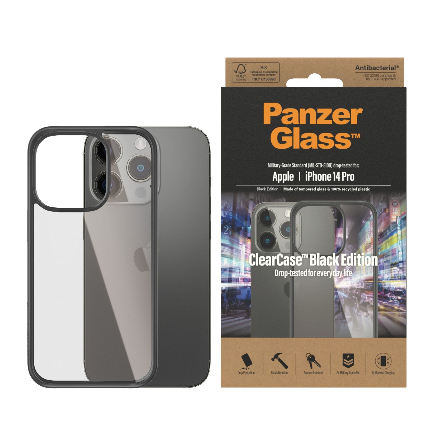 PanzerGlass® ClearCase Transparent m. Schwarz Rahmen iPhone 14 Pro